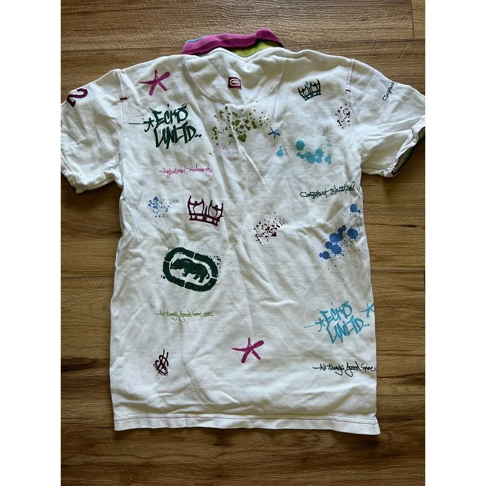 Ecko Unltd Polo Shirt Kids Sz 7 White‎ Graffiti Print Rhino Logo Streetwear 1608